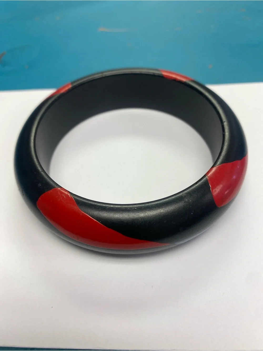 Vintage Black Resin Bangle Bracelet with Red and Blue Inlay